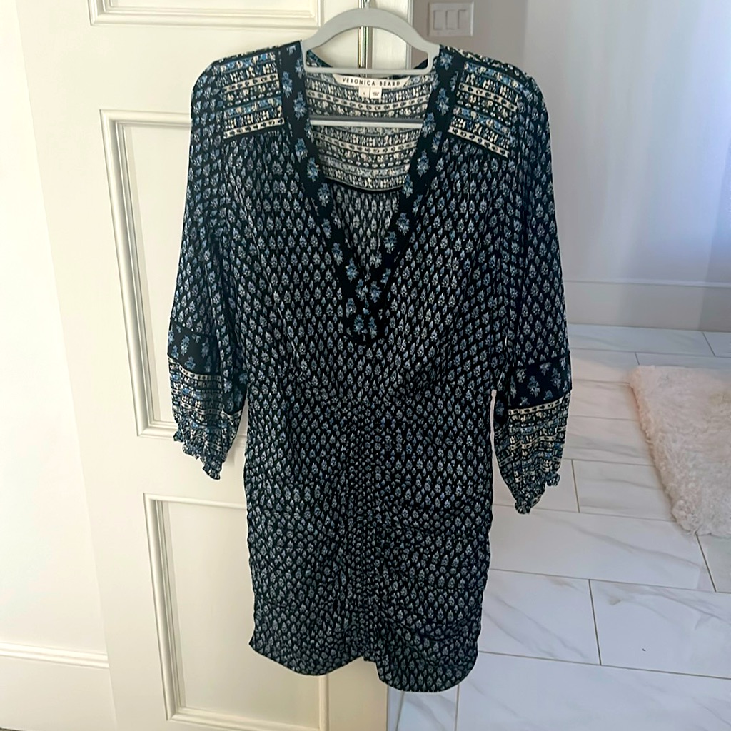 Veronica Beard Navy & White Printed Long-Sleeve V-Neck Dress